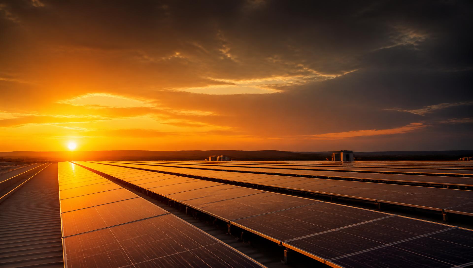 Rooftop solar panel array at sunset